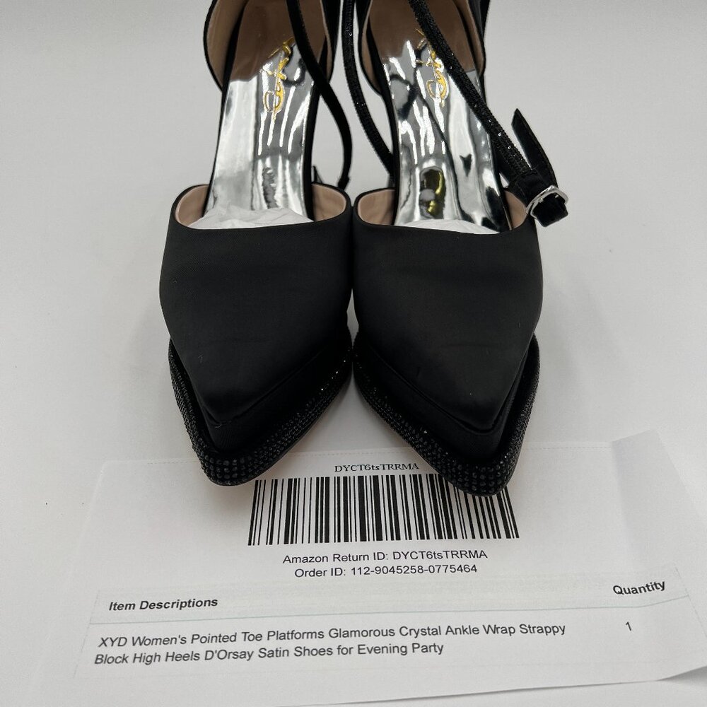 XYD Black Pointed Toe Platforms Crystal Ankle Wrap Strappy Block Heel Satin Shoe - Picture 7 of 7